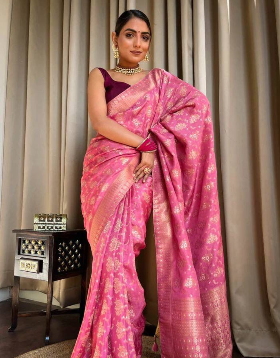 Buy KALAKASHI Hot Pink Banarasi Cotton Silk Saree at Amazon.in