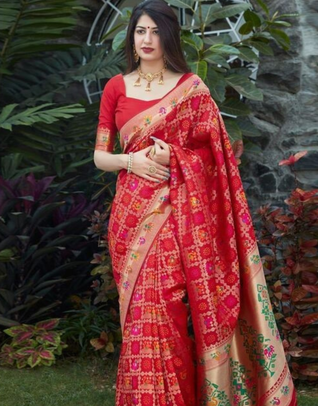 RED PATOLA TRADITIONAL KANCHI SOFT SILK SARI WITH ATTACHED BLOUSE
