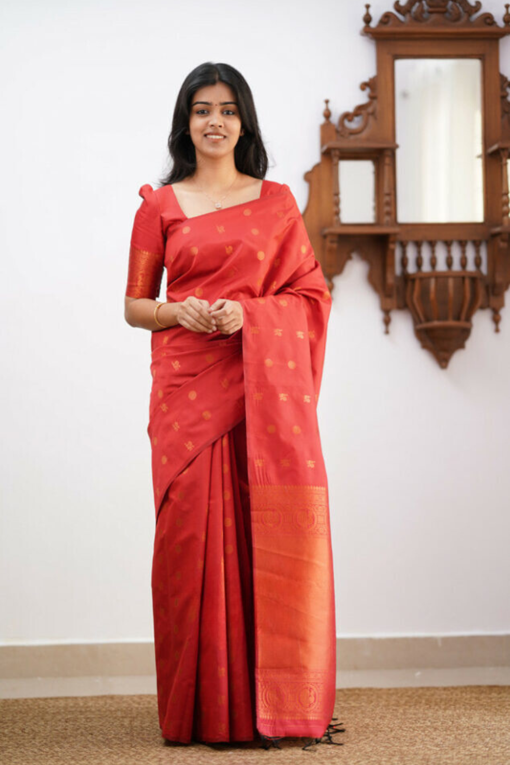 Antique Dark Pastel Red Kanchipuram Soft Silk Saree