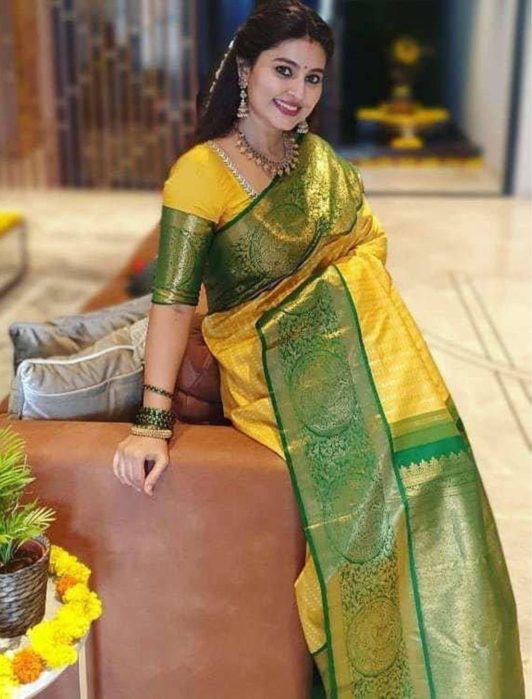 Bina Yellow Green Kanchi Soft Silk Saree With Attached Blouse