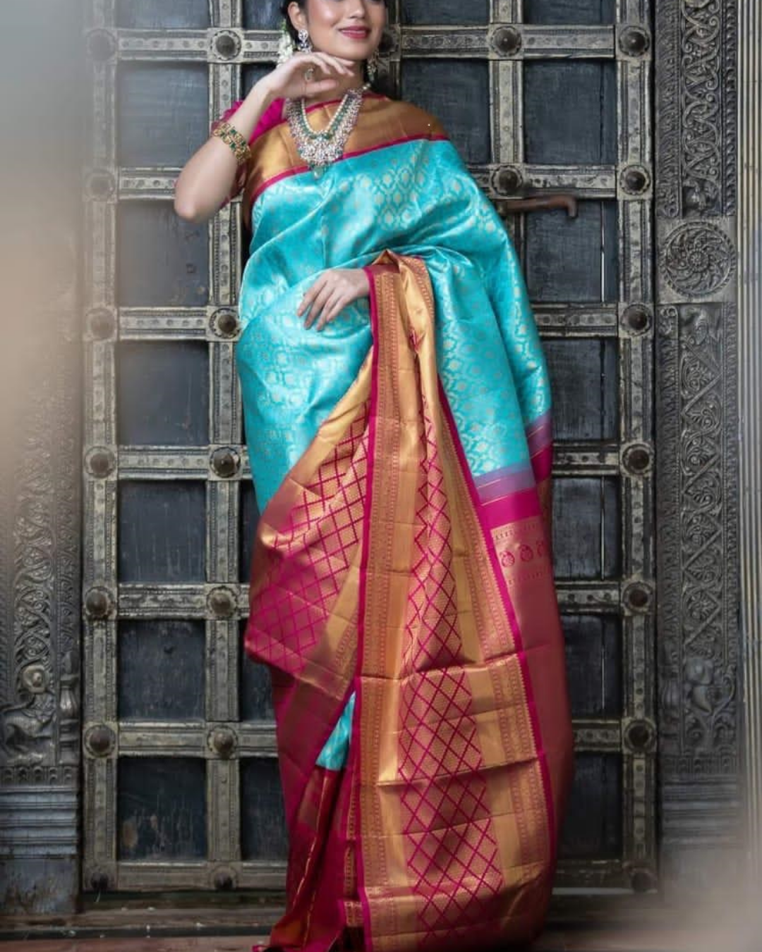 SKY-pink Combination Pure Soft leechi Silk Saree With Attached Blouse