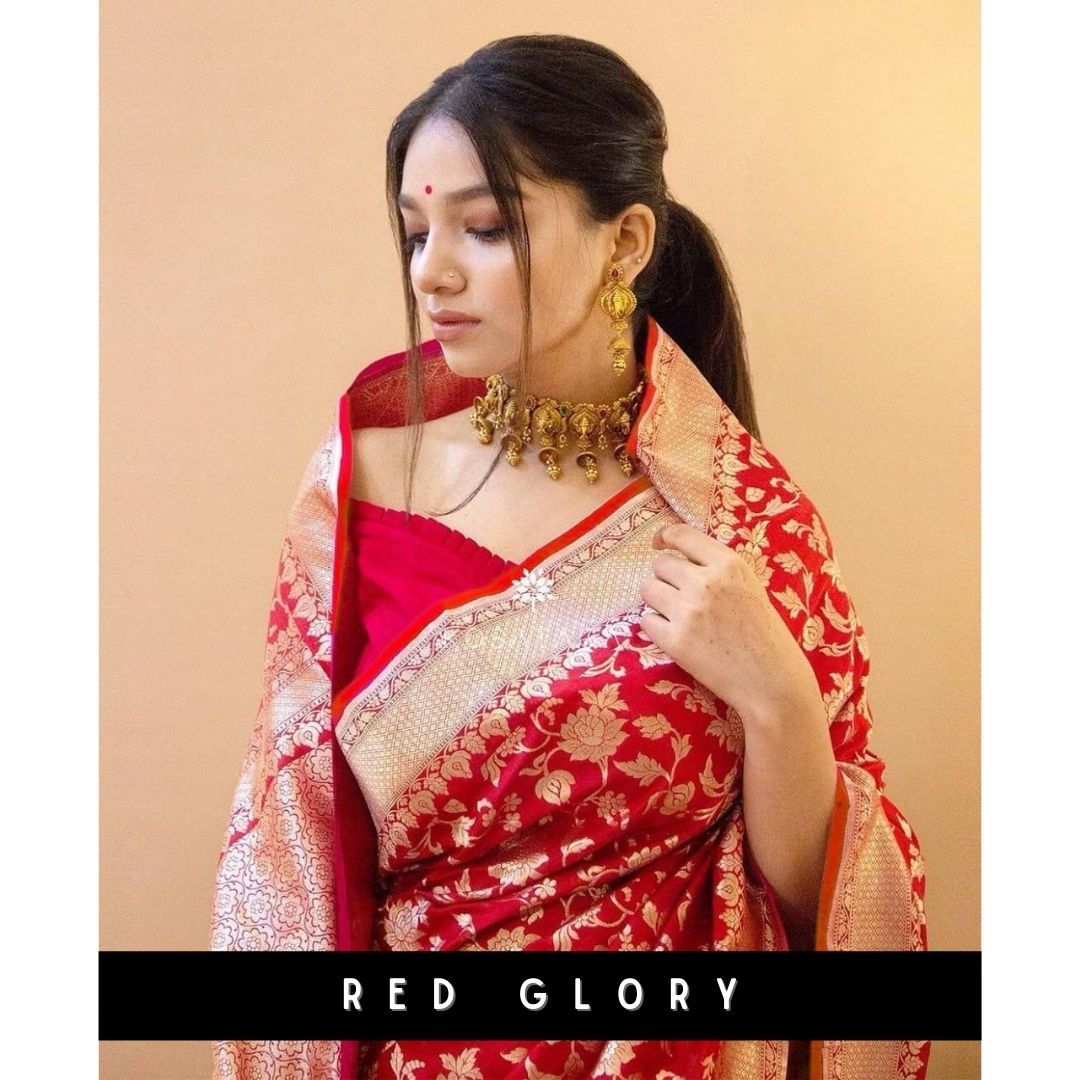 GLORY Red Traditional Silk Sari With Attached Blouse