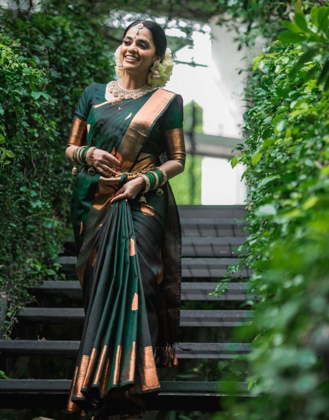 Asam Silk Designer Bordered Saree in Dark Green