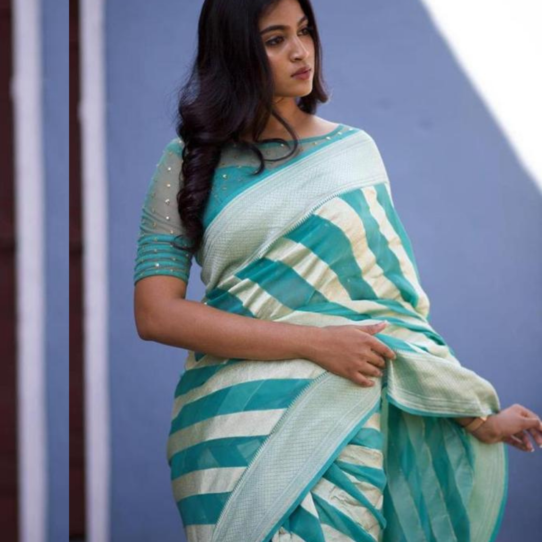 Sanvi SkyBlue Banarasi Soft Silk Saree With Attached Blouse