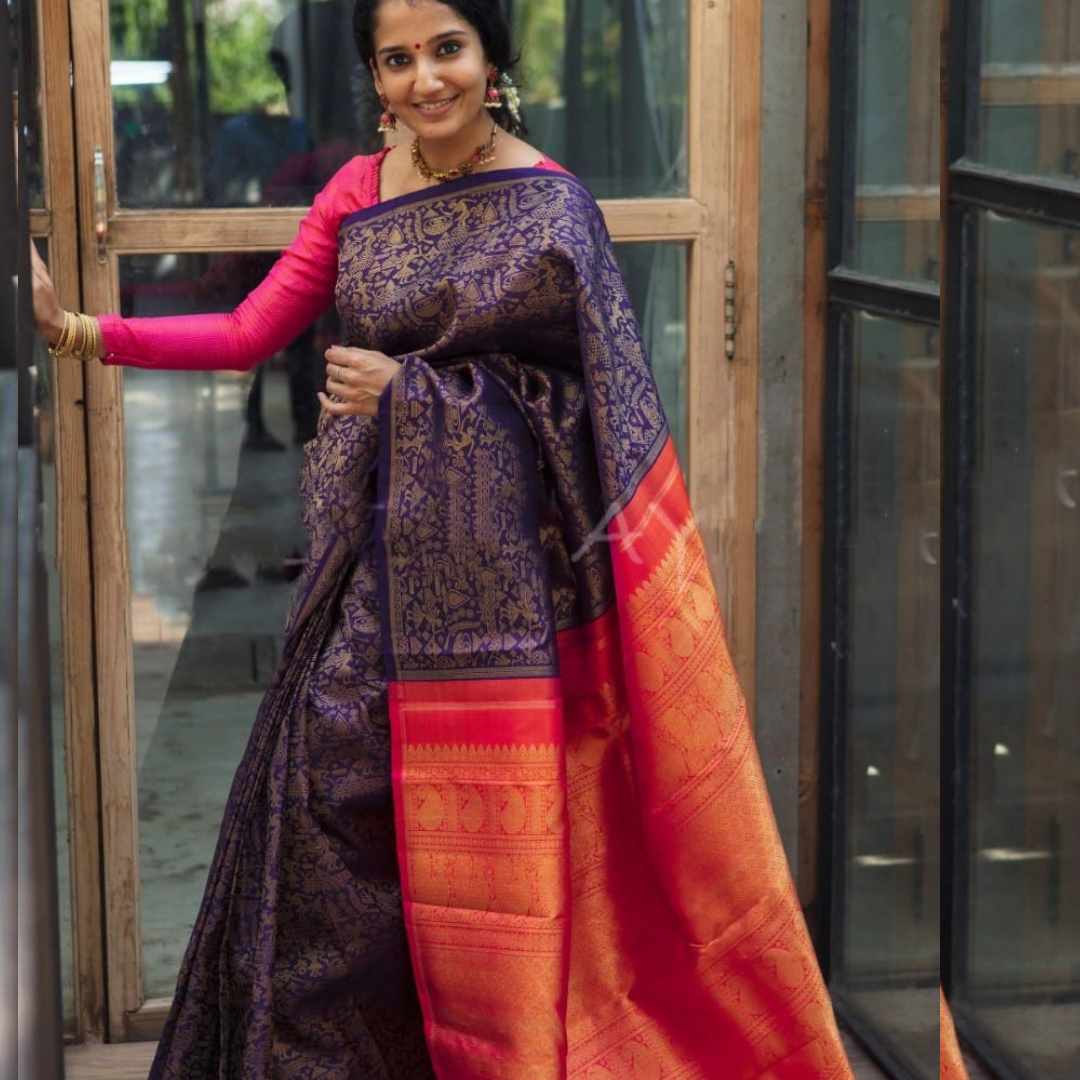 Juhi Pink-Blue Traditional Kanchi Silk Saree With Attached Blouse –  Zariknyaa