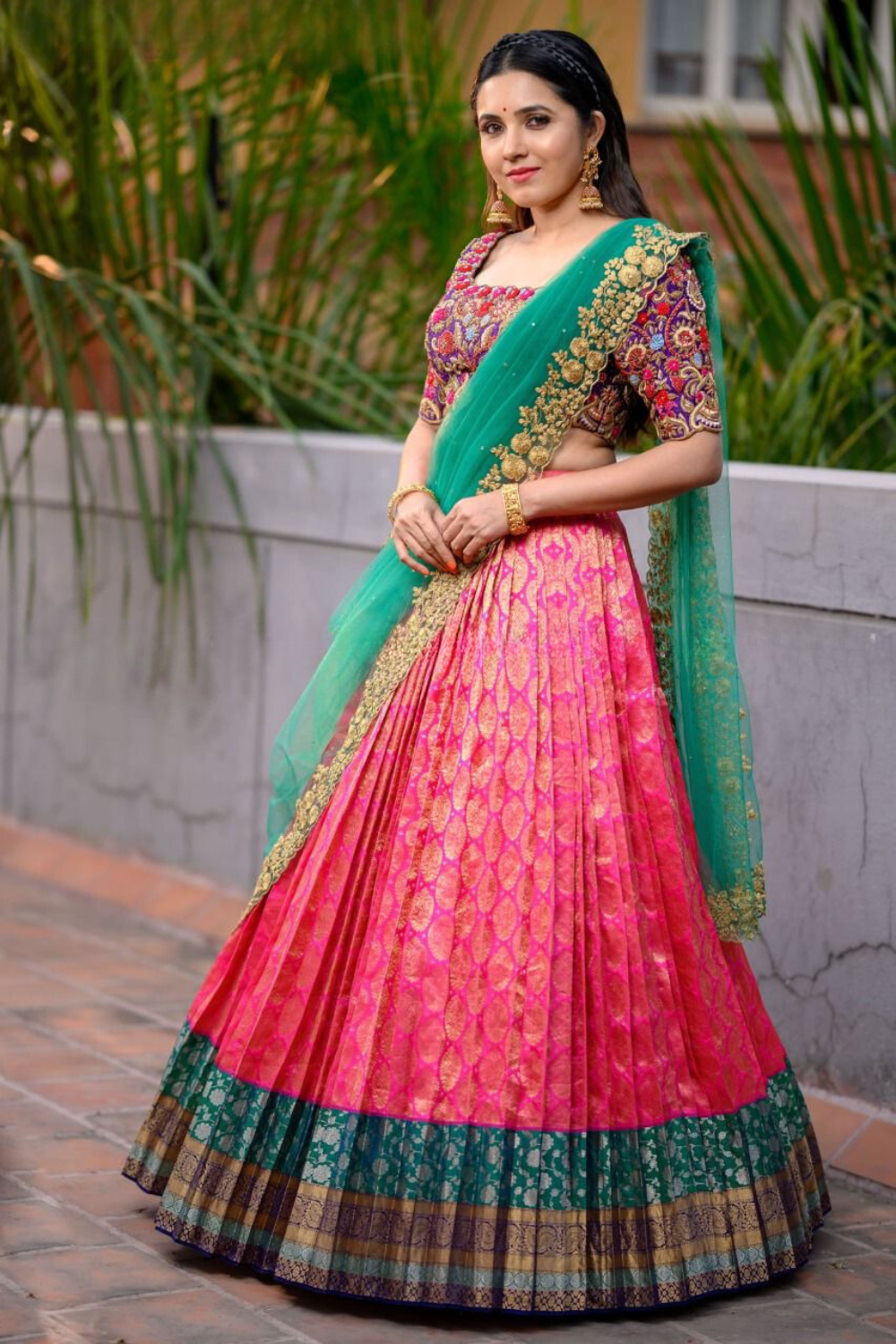 Gorgeous Pink Coloured Kanchipuram Half Saree With Embroidered Blouse