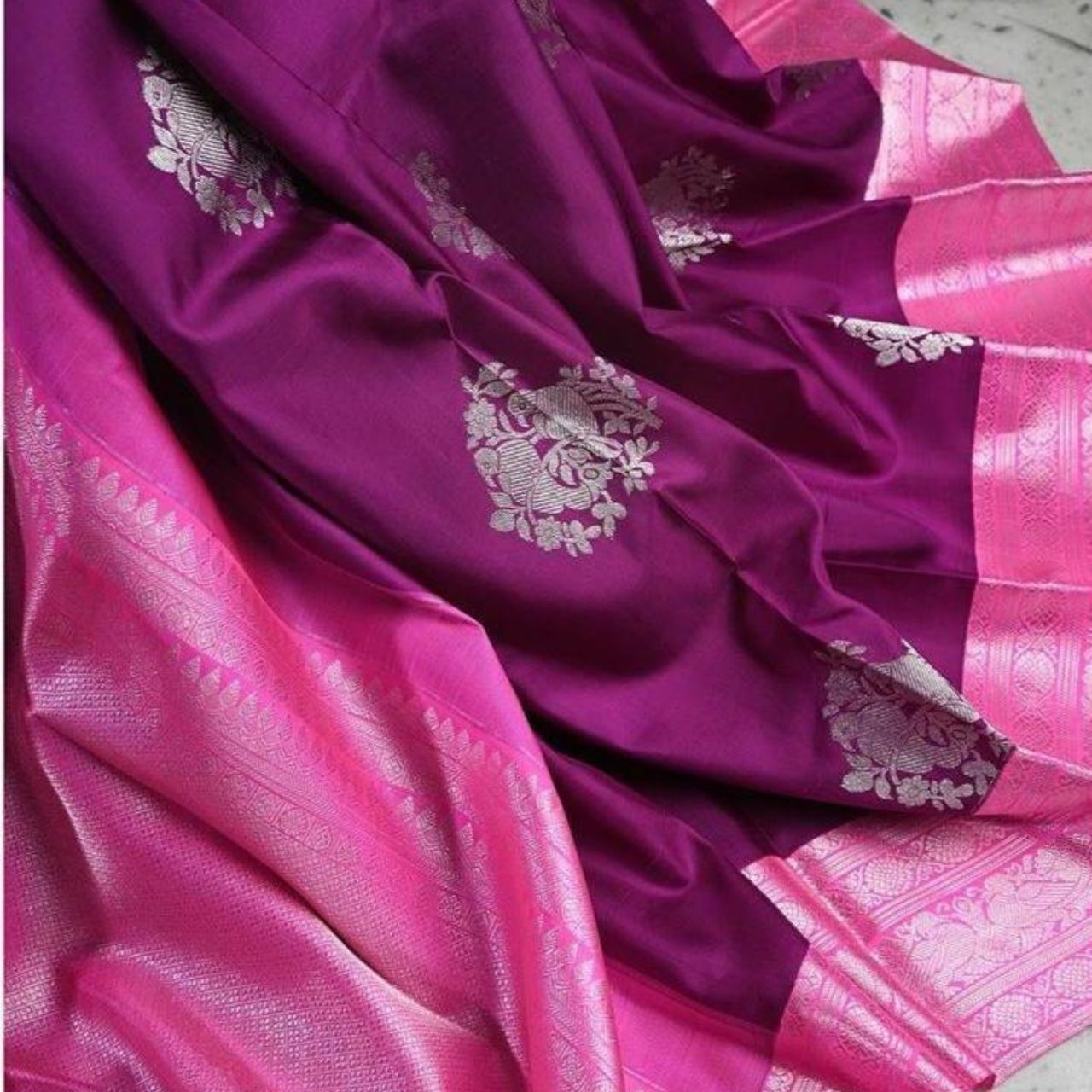 Purple-Rani Pure Soft Silk Sari With Attached Blouse