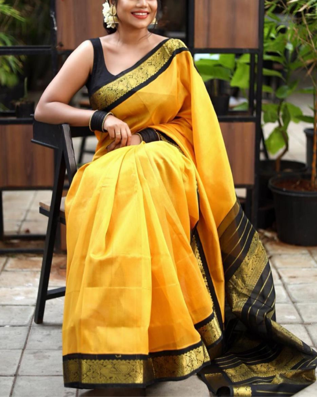 Shop Cream Gadhwal Silk Saree Online in USA |Yellow Black Zari Border –  Pure Elegance