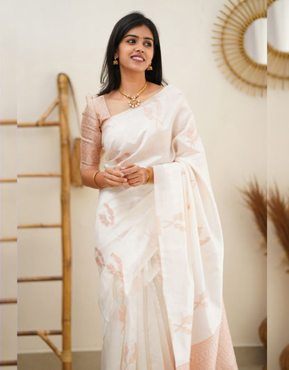 Jenika Off-White Traditional Soft Silk Saree With Attached Blouse