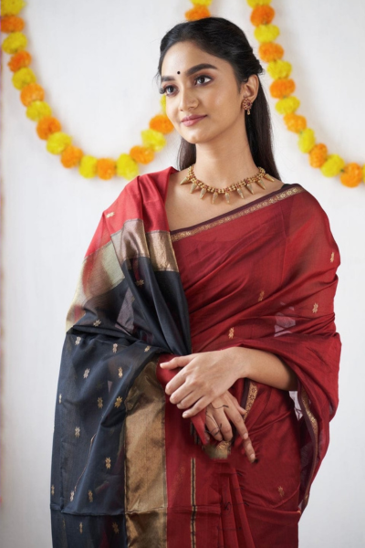 Handwoven Red Kanjeevaram Silk Saree with Black Border - Tulsi Weaves