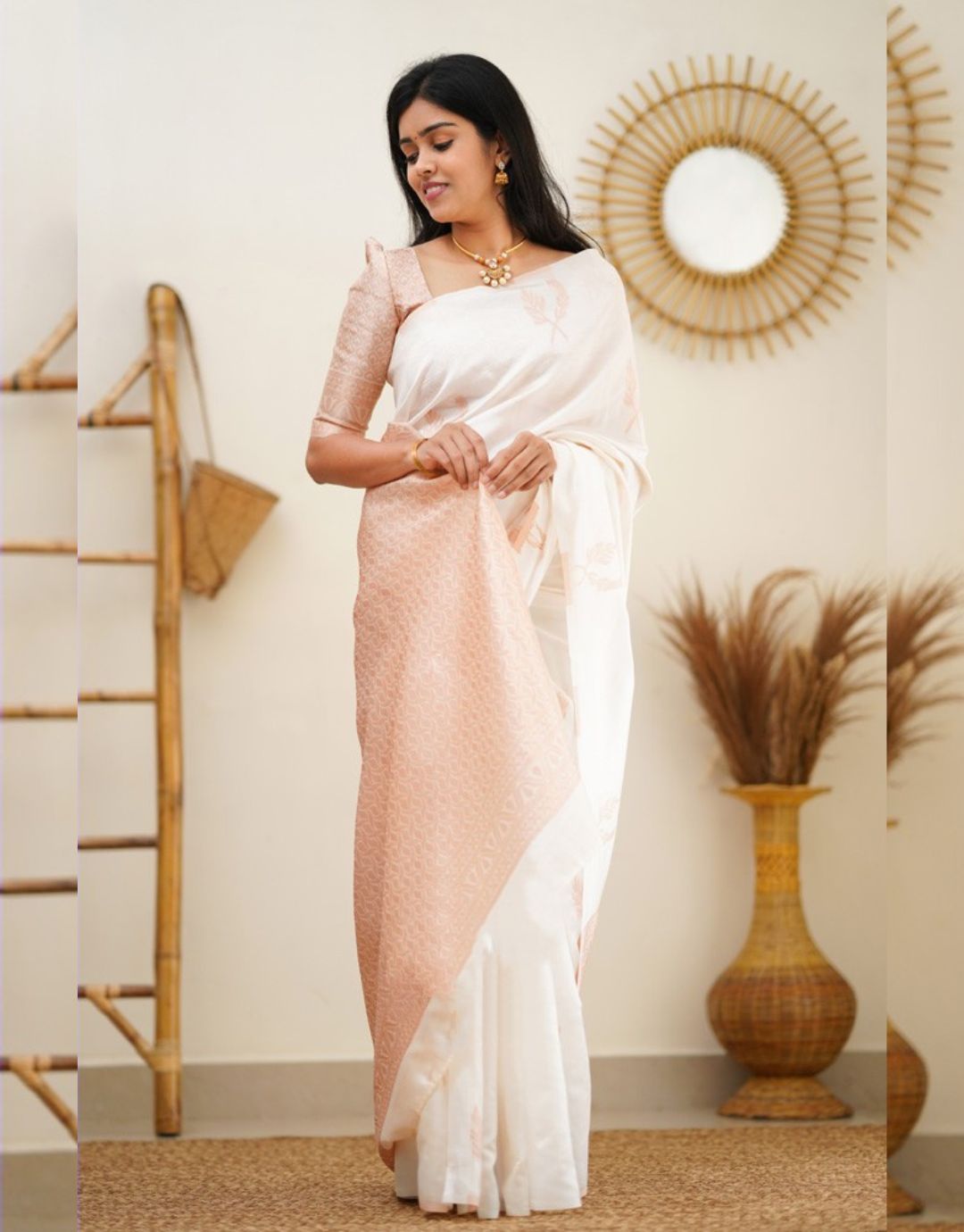 Jenika Off-White Traditional Soft Silk Saree With Attached Blouse