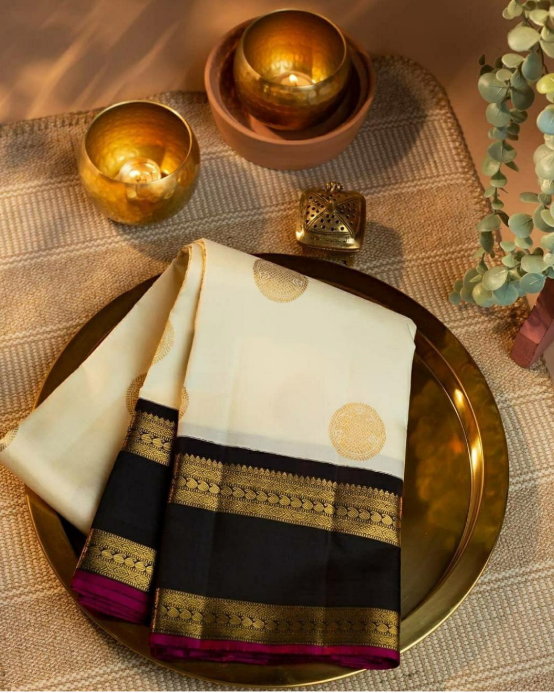 White Goldi Pure Soft Silk Sari With Attached Blouse