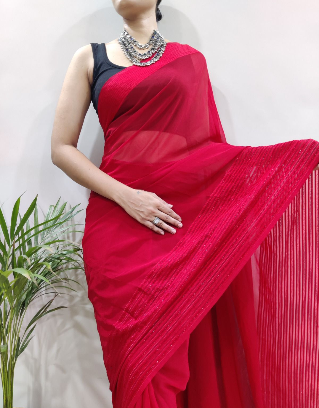 Book Now Scarlet Red Ready to Wear One Minute Lycra Saree – Shopgarb Store
