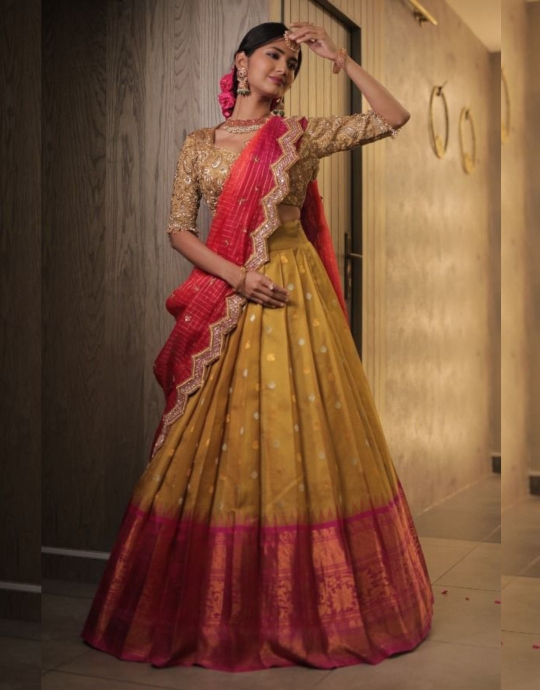 saubhagya Pink & Orange Woven design Ready to Wear Lehenga & Blouse With  Dupatta - Absolutely Desi