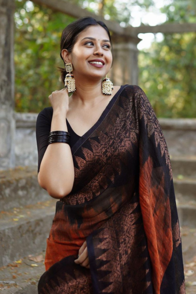 Black Orange Pure Cotton Silk Sarees – Dailybuyys