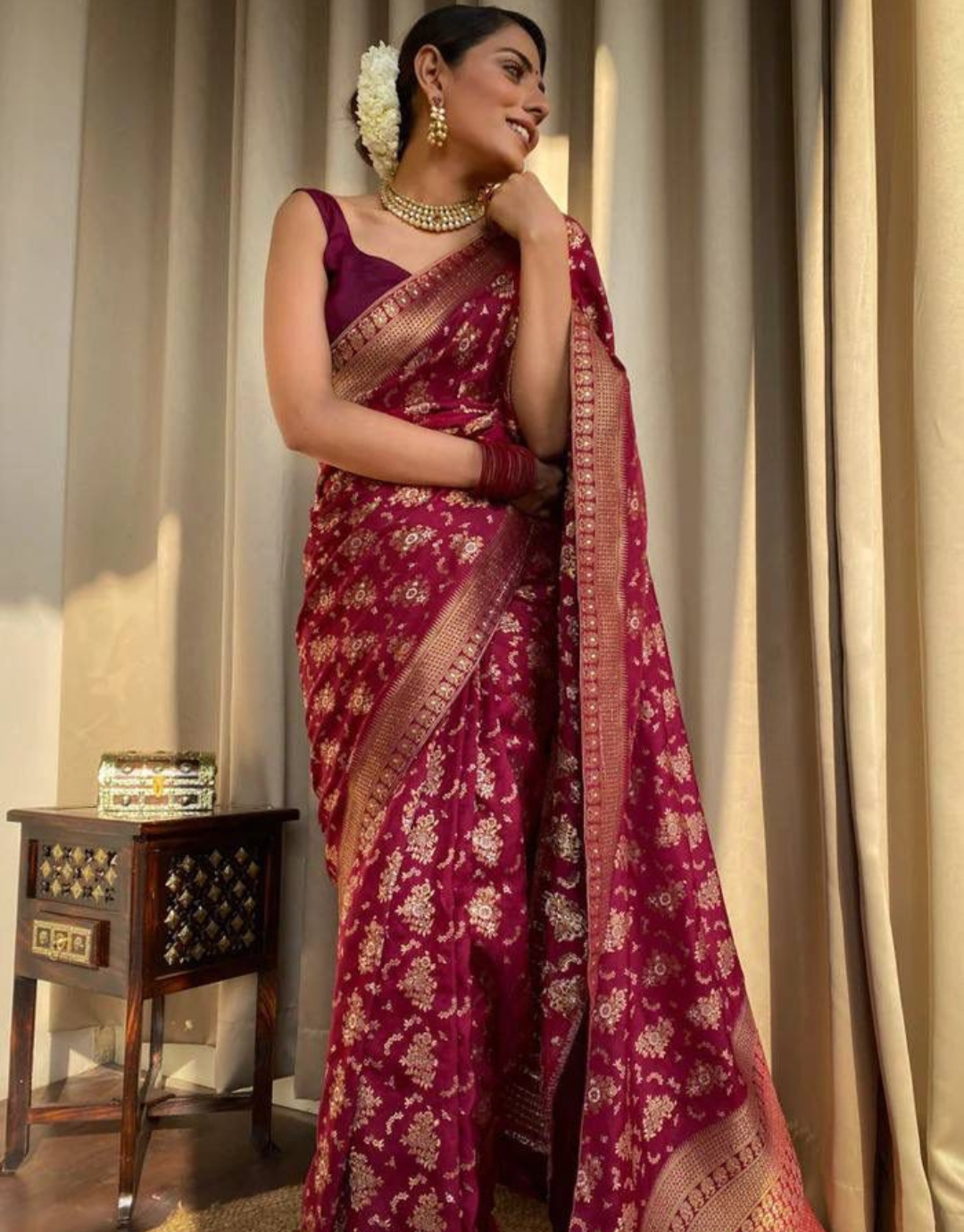 Wine Banarasi Dola Silk Saree with Embroidery Work - Urban Womania