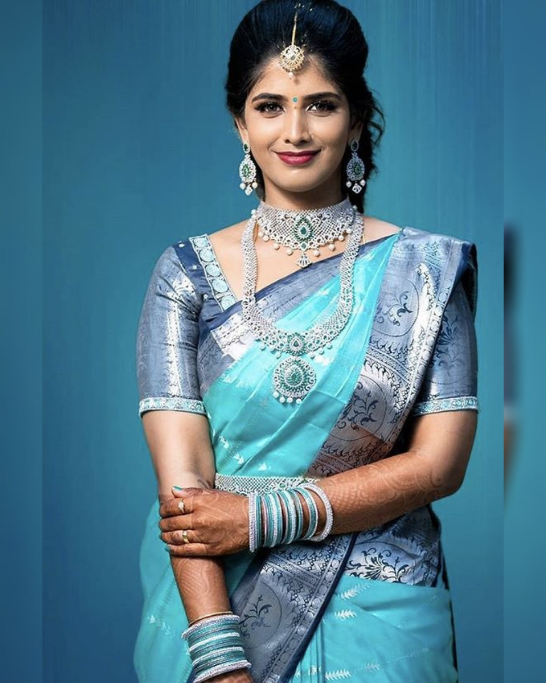 Swastika Blue Soft Silk Saree With Attached Blouse 