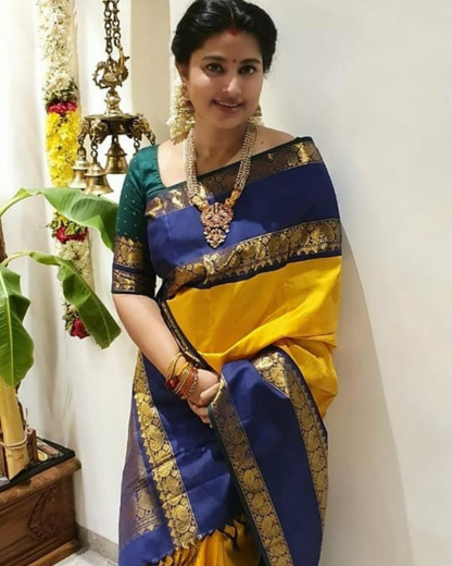 Classical Rakhi Yellow-Blue saree