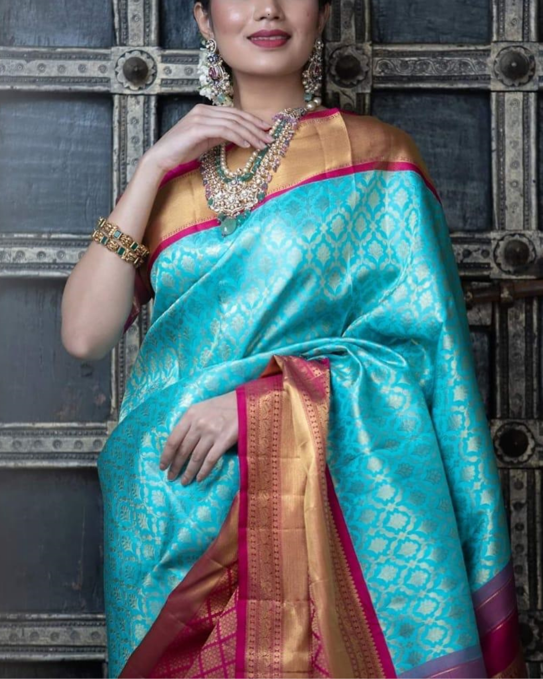 SKY-pink Combination Pure Soft leechi Silk Saree With Attached Blouse