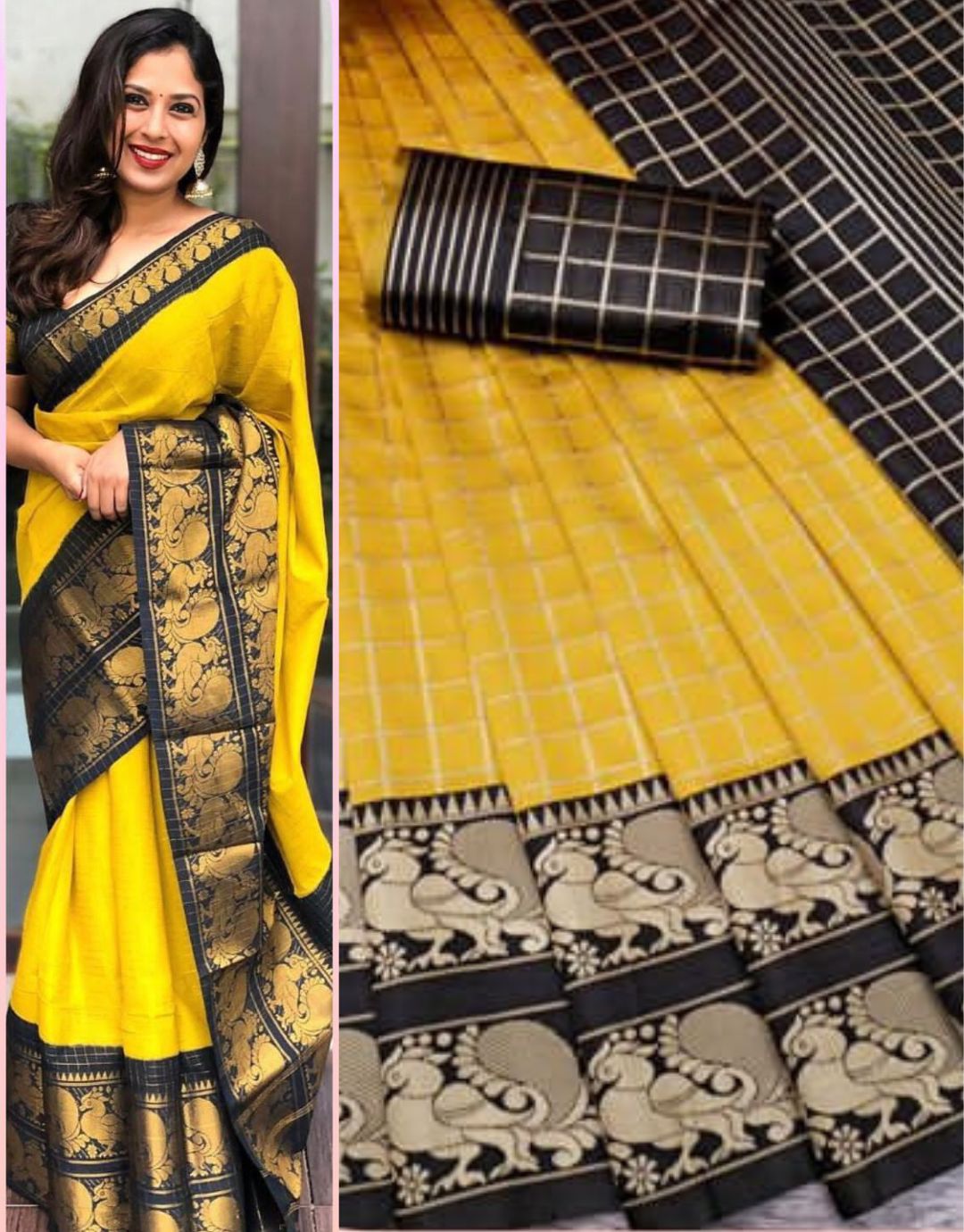 VEERA YELLOW TRADITIONAL KANCHI SOFT SILK SARI WITH ATTACHED BLOUSE