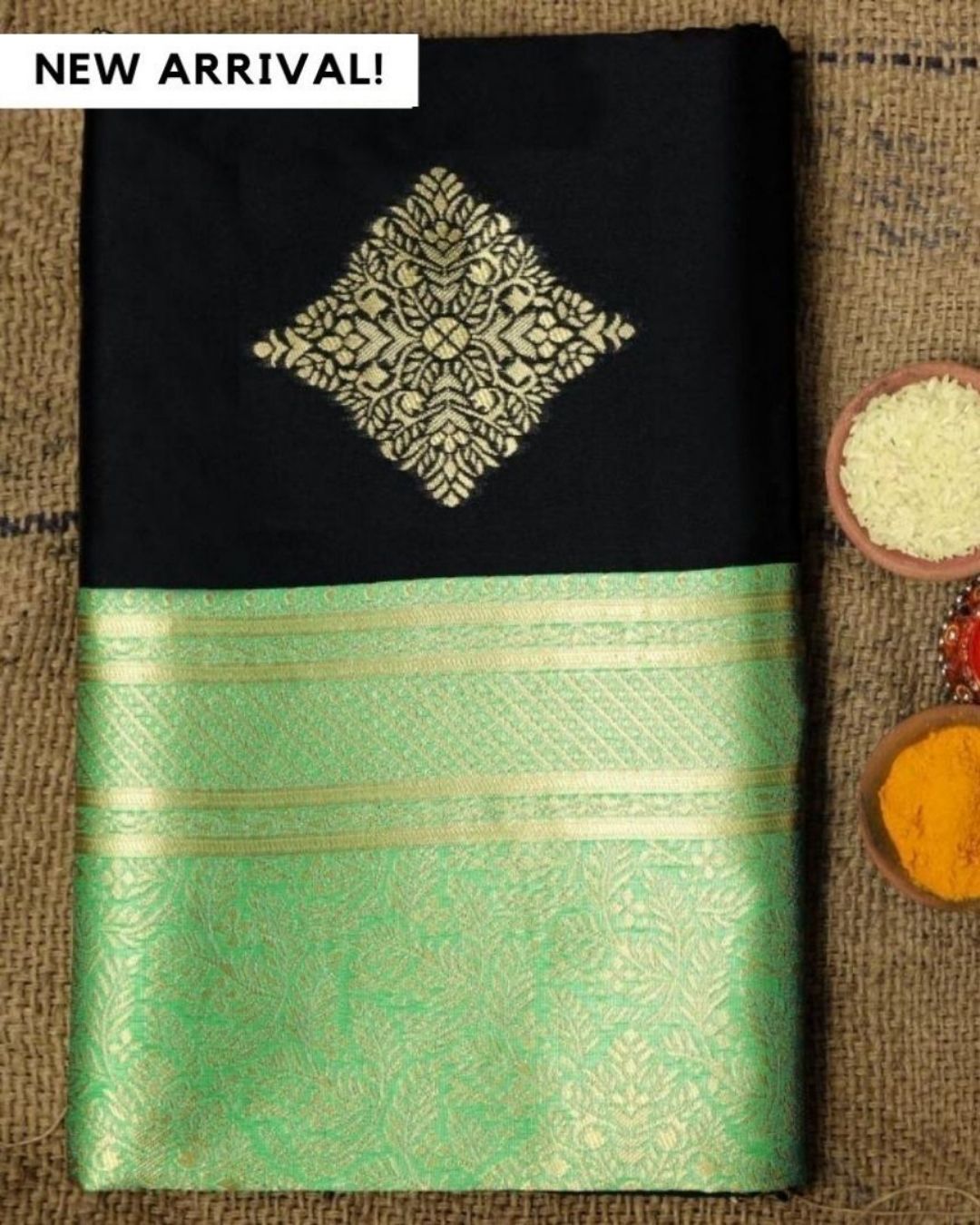 Pista-Black  Traditional Kanchi Soft Silk Sari With Attached Blouse