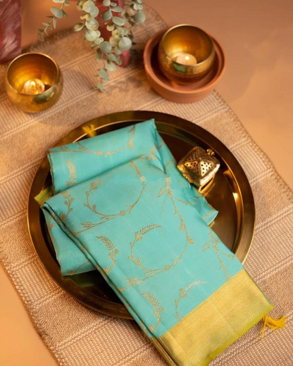Sky Archaic Treditional Kanchi Soft Silk Saree With Attached Blouse