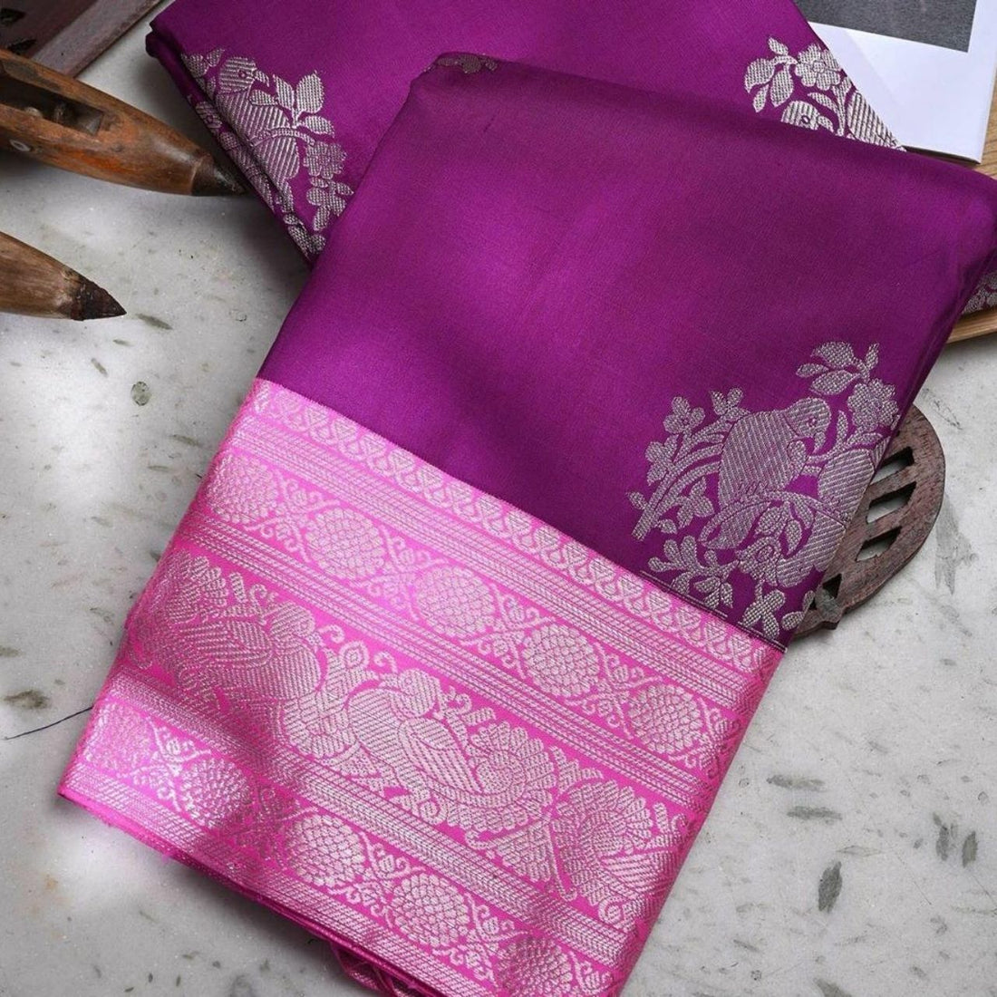 Purple-Rani Pure Soft Silk Sari With Attached Blouse