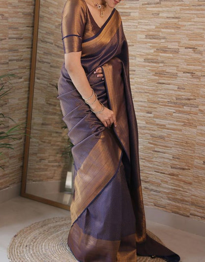 VINIKA BLUE TRADITIONAL KANCHI SOFT SILK SARI WITH ATTACHED BLOUSE