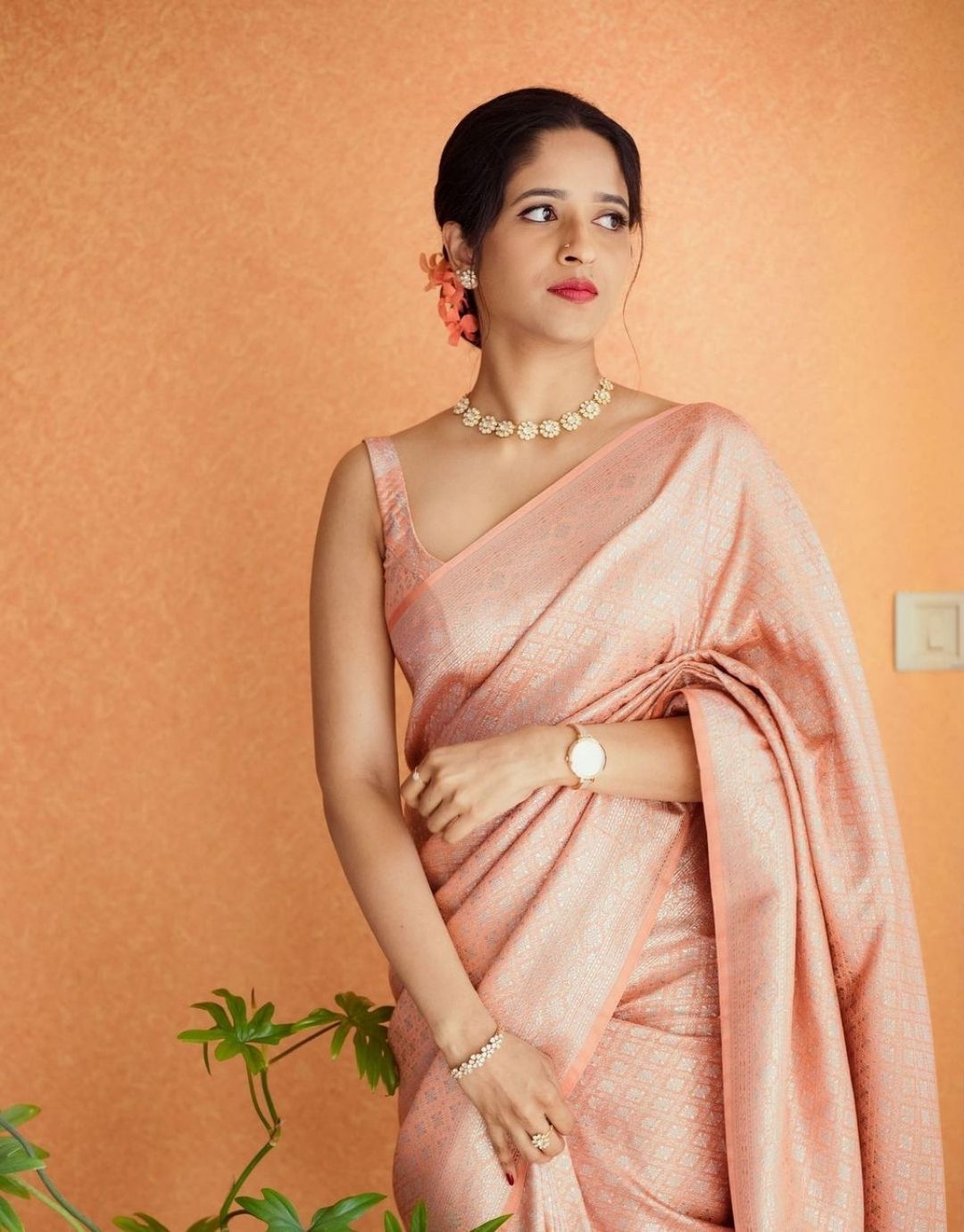 Peach colour saree hot sale with jewellery