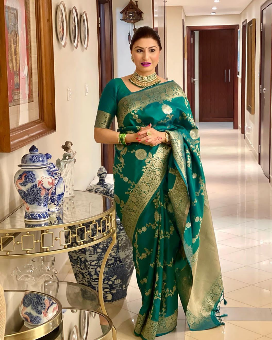 Firozi Banarasi Silk Zari Print Saree -- Miraamall - USA UK Canada