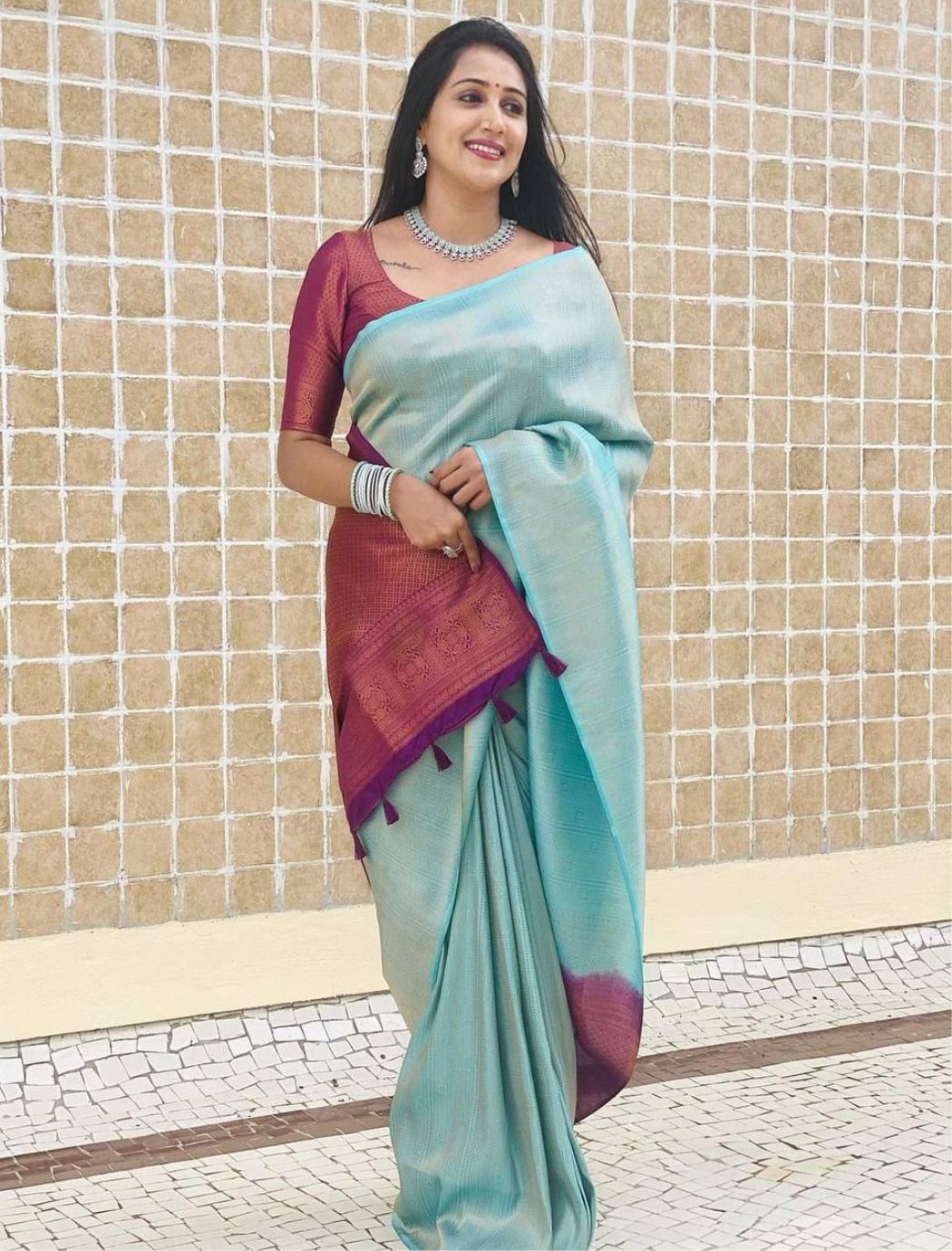 Aarya Sky Traditional Lichi Silk Saree With Attached Blouse