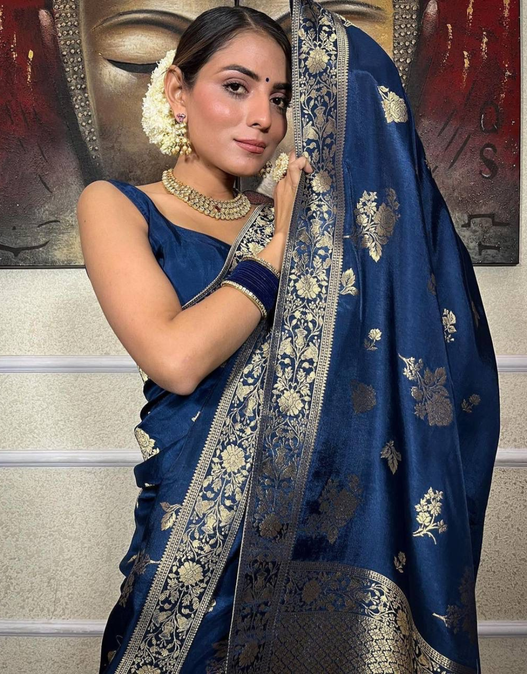 Buy Dark Blue Tussar Banarasi Sari Online in USA| Antique Zari Border –  Pure Elegance