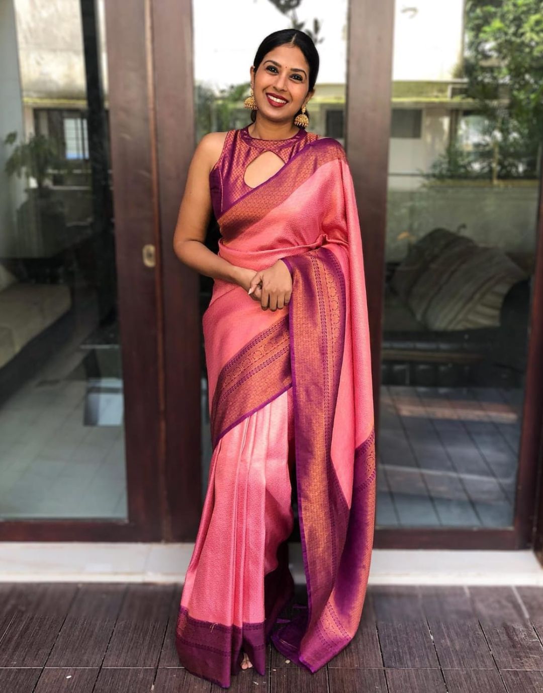 Bindu Peach Litchi Silk Saree With Attached Blouse – Zariknyaa
