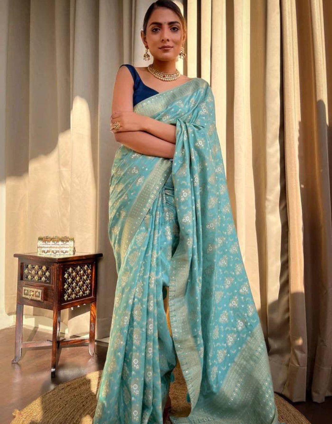 Buy Designer Sarees, Salwar Kameez, Kurtis & Tunic and Lehenga  Choli.Excellent Organza Sky Blue Saree