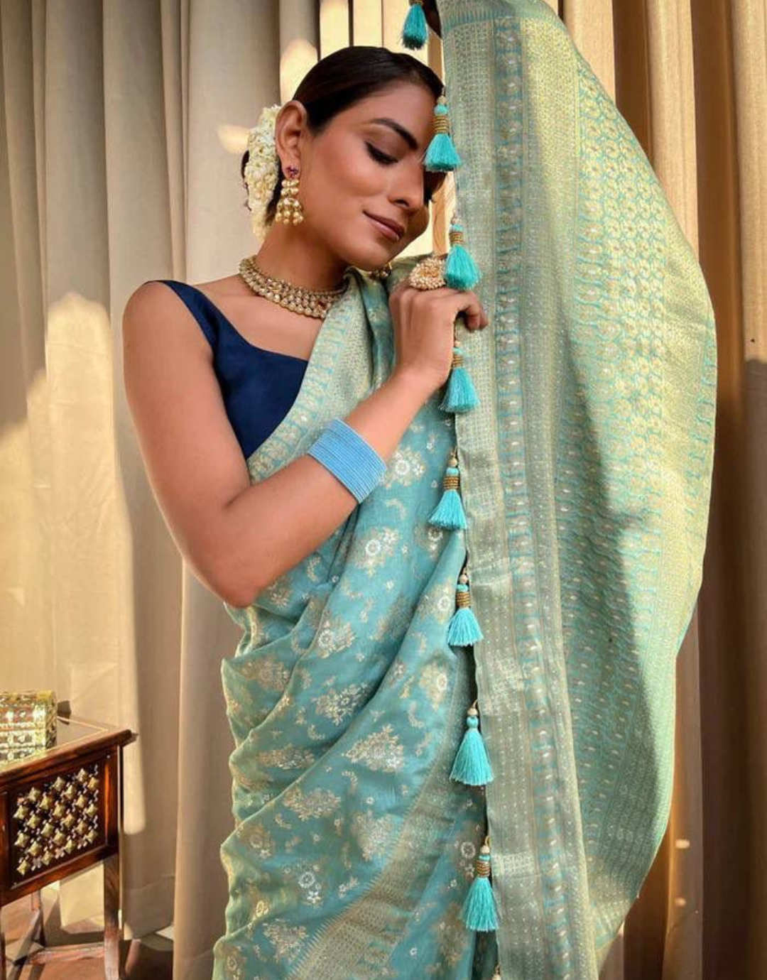 Pure Silk Saree In Light Blue Color With Embroidery Work - Bridal Banarasi  Saree - Saree