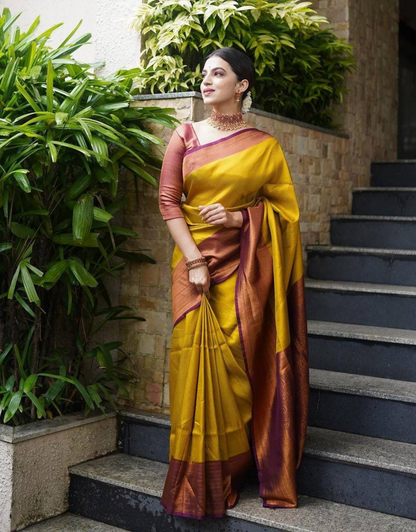 Yellow Maroon Traditional Soft Silk Saree With Attached Blouse 