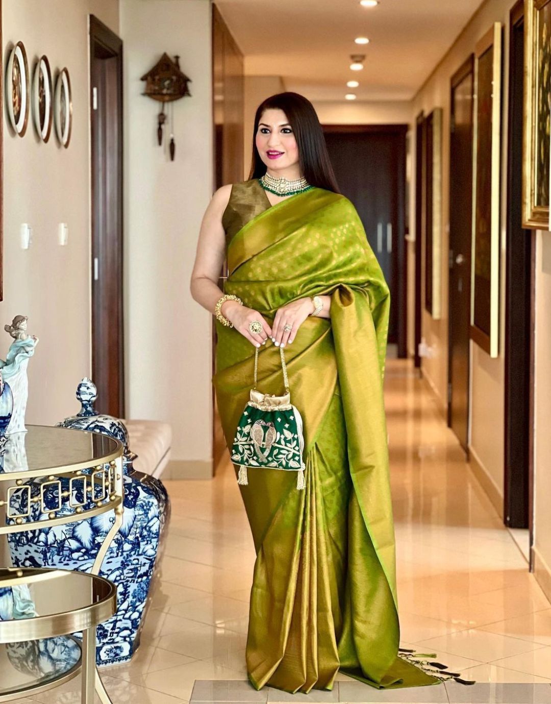 MAHENDI GREEN TRADITIONAL KANCHI SOFT SILK SARI WITH ATTACHED BLOUSE