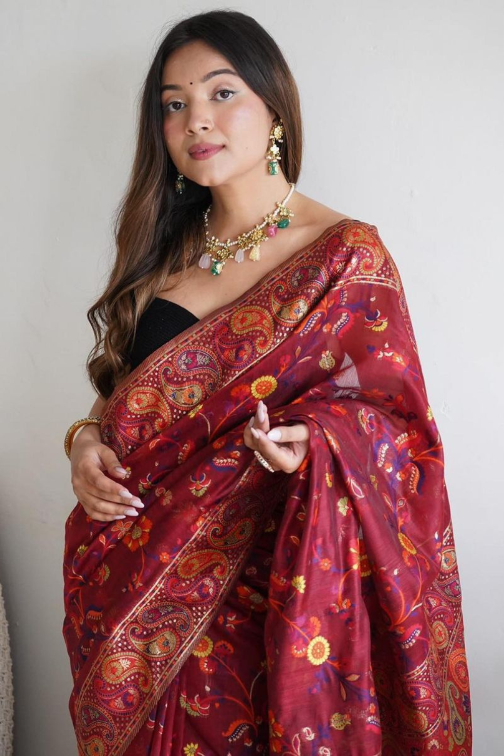 Meera Maroon Kashmiri Pashmina Silk Saree