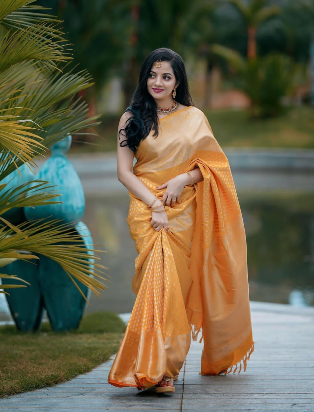 Royal Orange Soft Silk Sari With Attached Blouse Saree for Women-1