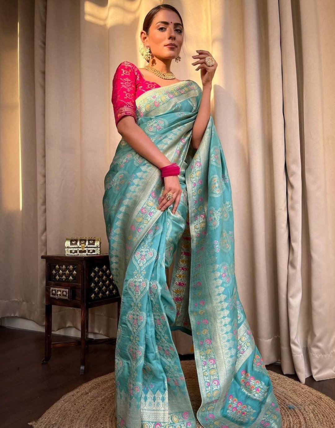 Pastel Blue Soft Banarasi Silk Saree – StylebyPanaaash