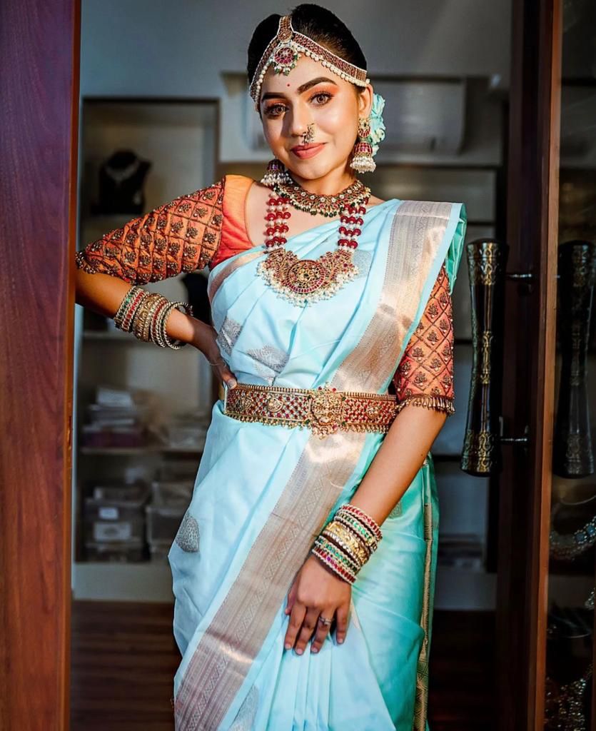 Reena Sky Soft Banarasi Silk Saree With Dalliance Blouse Piece