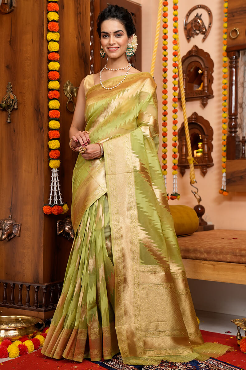 Heena Green Organza Silk Saree With Attached Blouse 
