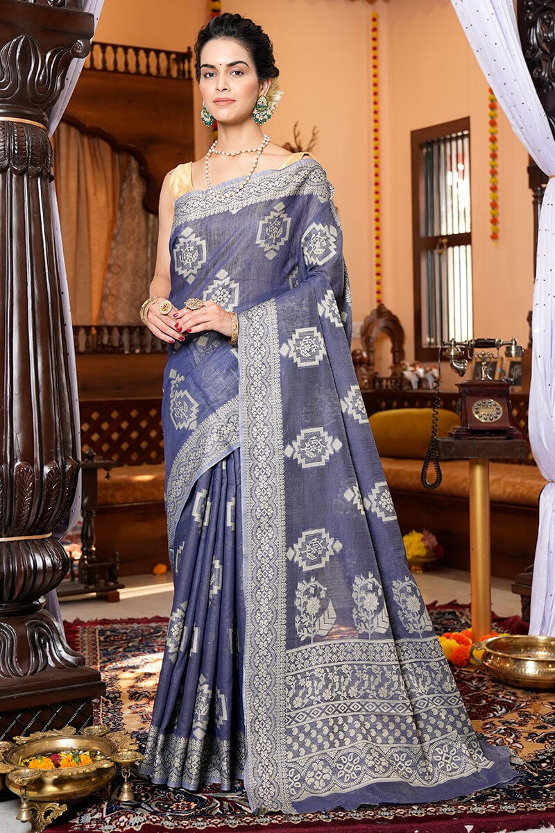 Suvidha Grey Linen Silk Saree With Attached Blouse Piece
