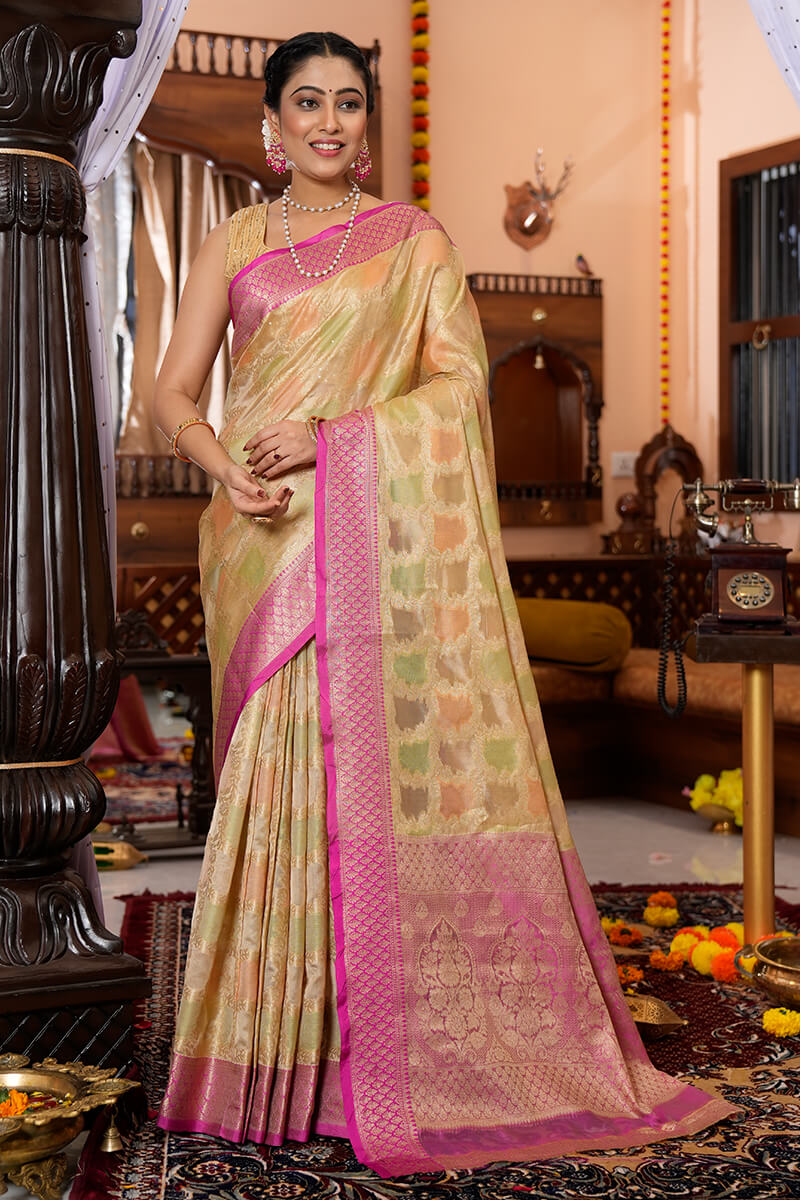 Rose Pink Kanchipuram Silk Saree with Gold Zari