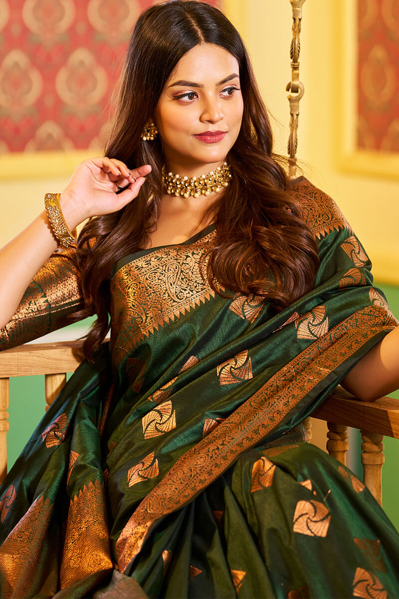 Dark green pure-silk half-saree with zari designs, contrast border & blouse  of traditional designs, intricate dhavani