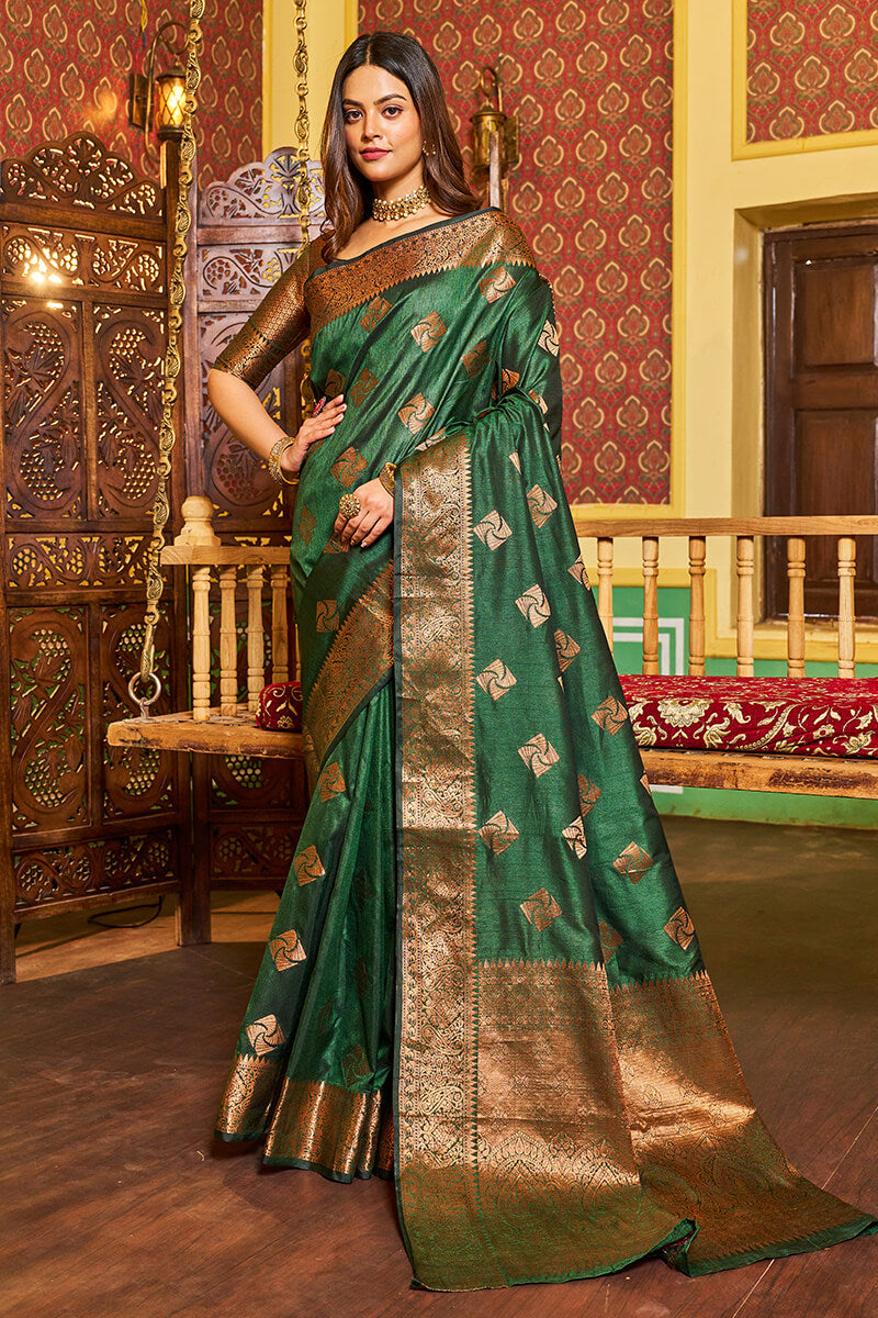 Dark green woven silk saree with blouse - 61&7NX - 3584024