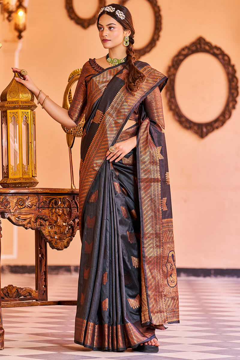 Black Self Jacquard Silk Saree Heavy Embroidery Contrast Colour Blouse