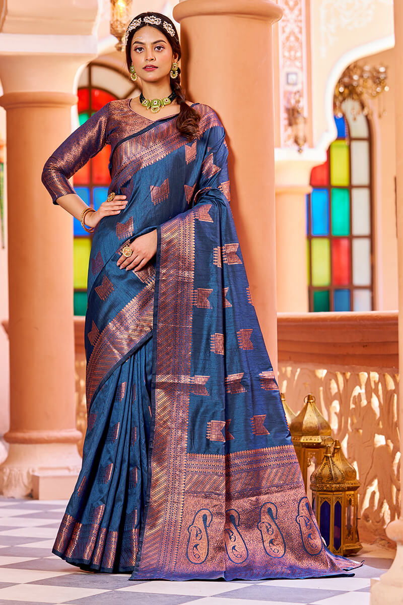 Felicitous Navy Blue Soft Silk Saree – Dazzling vastra