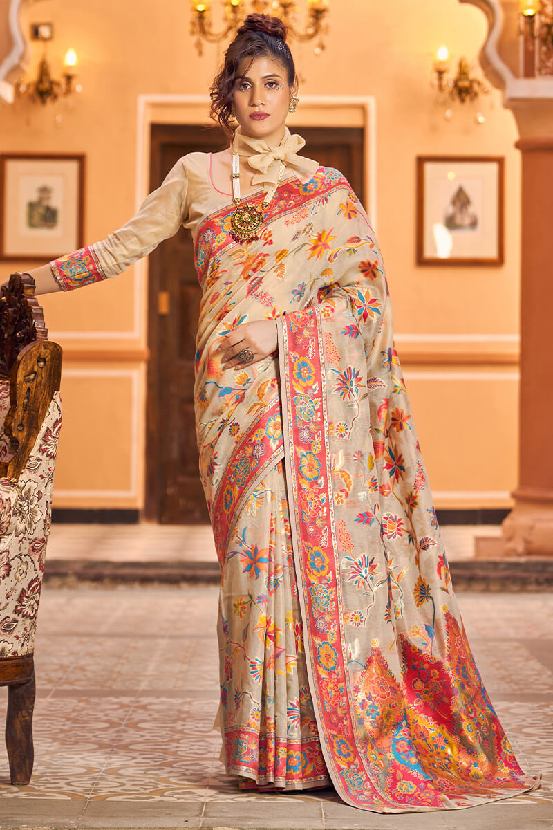Reeva Beige Linen Silk Saree With Surpassing Blouse Piece