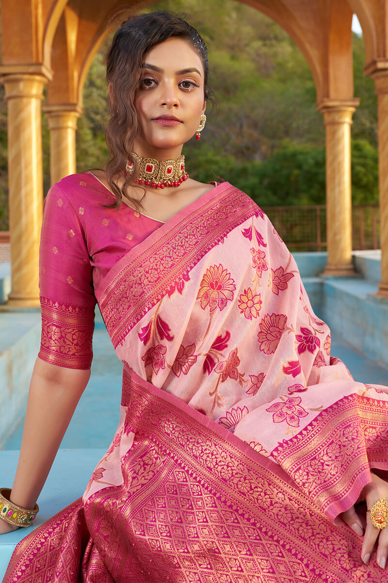 Banarasi Silk Works Dusty Pink Woven Saree With Unstitched Blouse